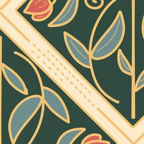 Diamond-Shaped pattern with flowers on dark green with golden yellow lines  - jumbo scale