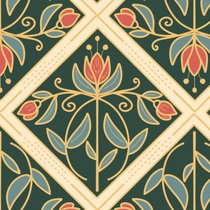 Diamond-Shaped pattern with flowers on dark green with golden yellow lines  - large scale