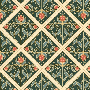 Diamond-Shaped pattern with flowers on dark green with golden yellow lines  - medium scale