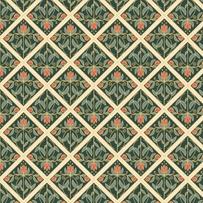Diamond-Shaped pattern with flowers on dark green with golden yellow lines  - small scale