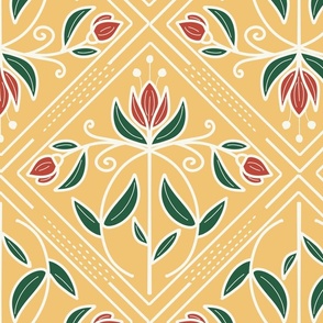 Diamond-Shaped pattern with flowers on golden yellow  - large scale