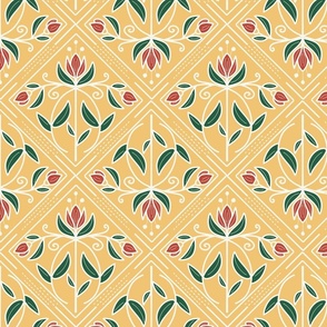 Diamond-Shaped pattern with flowers on golden yellow  - medium scale
