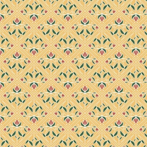 Diamond-Shaped pattern with flowers on golden yellow  - small scale