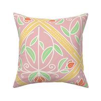 Diamond-Shaped pattern with flowers with pink, yellow, tangerine and mint green  - large scale