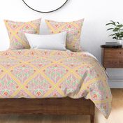 Diamond-Shaped pattern with flowers with pink, yellow, tangerine and mint green  - large scale
