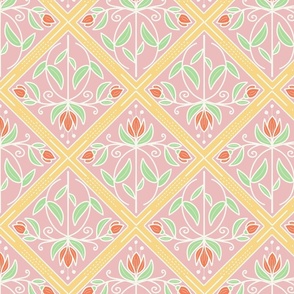 Diamond-Shaped pattern with flowers with pink, yellow, tangerine and mint green  - medium scale