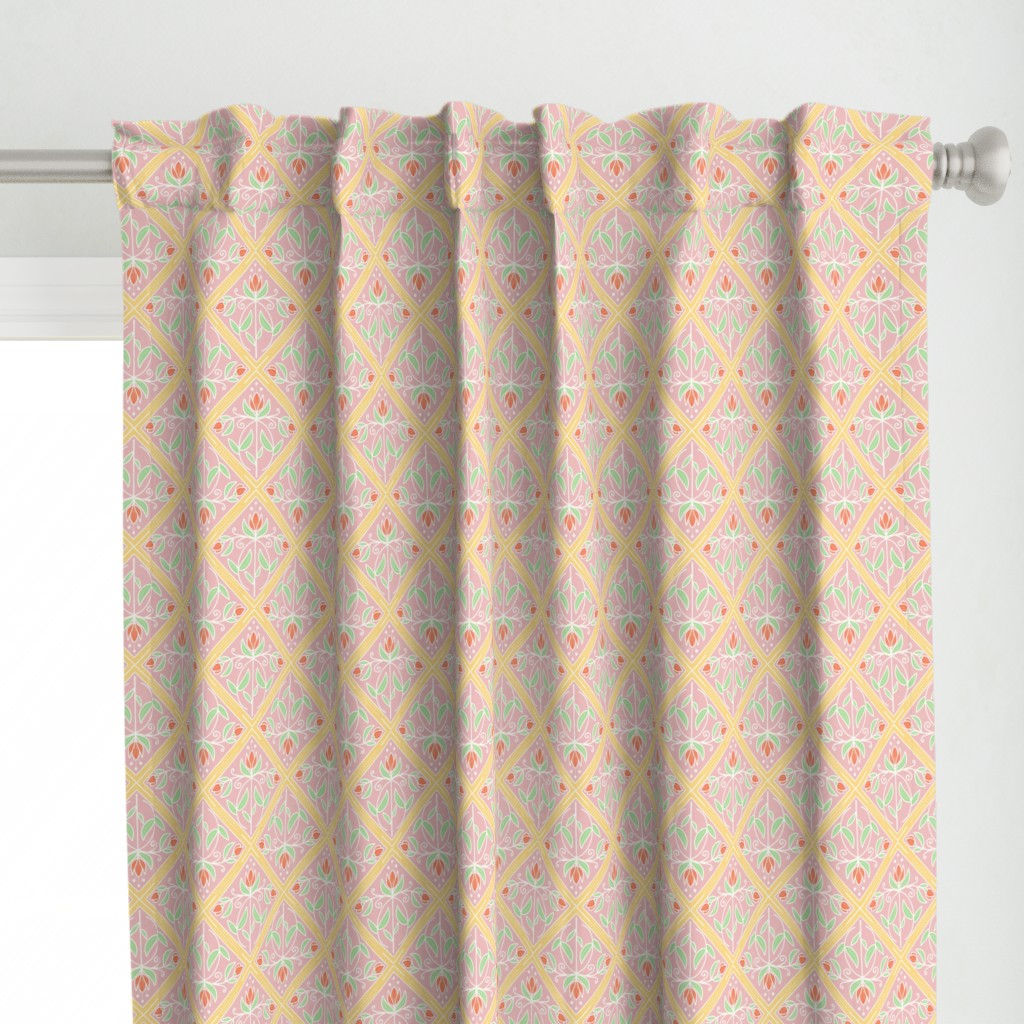 Diamond-Shaped pattern with flowers with pink, yellow, tangerine and mint green  - small scale