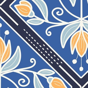 Diamond-Shaped pattern with flowers in shades of blue with golden yellow flowers  - jumbo scale