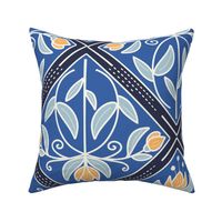 Diamond-Shaped pattern with flowers in shades of blue with golden yellow flowers  - large scale