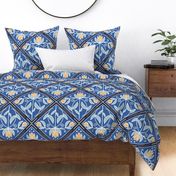 Diamond-Shaped pattern with flowers in shades of blue with golden yellow flowers  - large scale