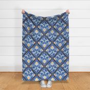 Diamond-Shaped pattern with flowers in shades of blue with golden yellow flowers  - large scale