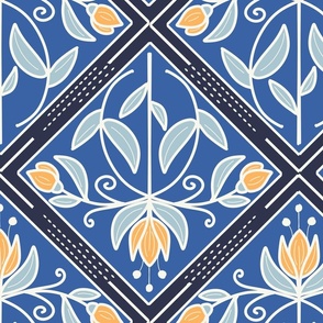 Diamond-Shaped pattern with flowers in shades of blue with golden yellow flowers  - large scale