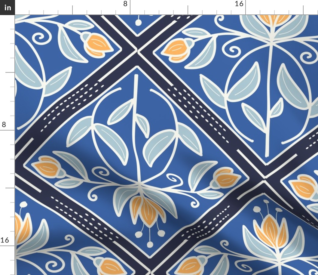 Diamond-Shaped pattern with flowers in shades of blue with golden yellow flowers  - large scale