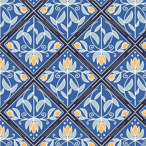 Diamond-Shaped pattern with flowers in shades of blue with golden yellow flowers  - medium scale