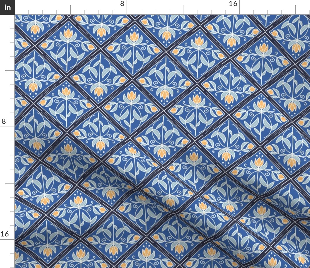 Diamond-Shaped pattern with flowers in shades of blue with golden yellow flowers  - small scale