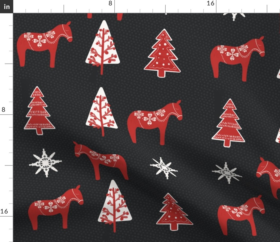 Red Dala Horse on cozy Gray with snowflakes