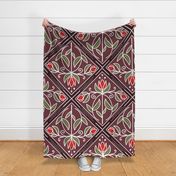 Diamond-Shaped pattern with flowers in shades of dark red / burgundy with red flowers  - jumbo scale