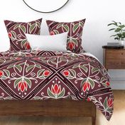 Diamond-Shaped pattern with flowers in shades of dark red / burgundy with red flowers  - jumbo scale