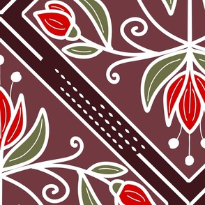 Diamond-Shaped pattern with flowers in shades of dark red / burgundy with red flowers  - jumbo scale
