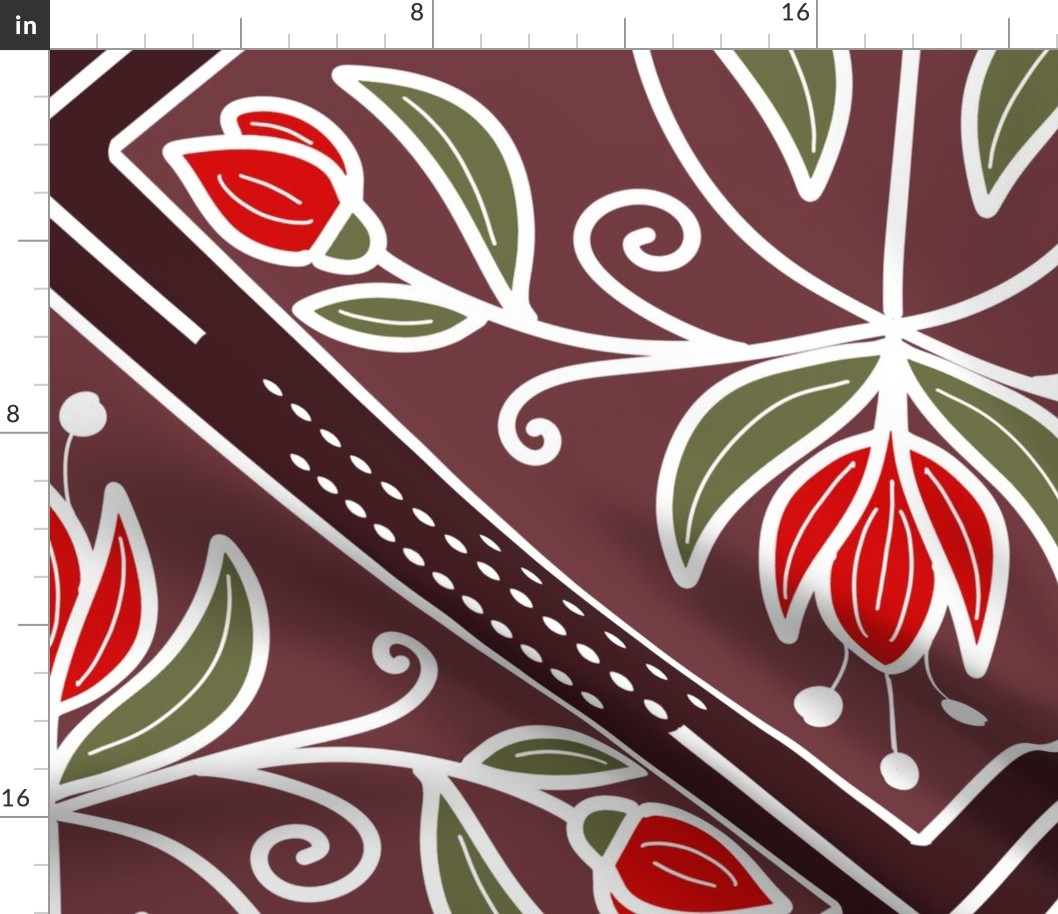 Diamond-Shaped pattern with flowers in shades of dark red / burgundy with red flowers  - jumbo scale