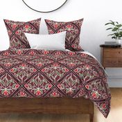 Diamond-Shaped pattern with flowers in shades of dark red / burgundy with red flowers  - large scale