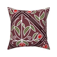 Diamond-Shaped pattern with flowers in shades of dark red / burgundy with red flowers  - large scale