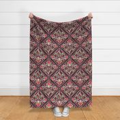 Diamond-Shaped pattern with flowers in shades of dark red / burgundy with red flowers  - large scale