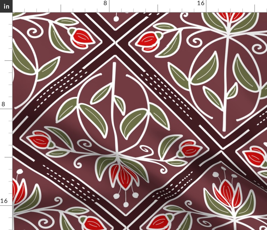 Diamond-Shaped pattern with flowers in shades of dark red / burgundy with red flowers  - large scale