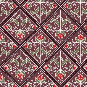 Diamond-Shaped pattern with flowers in shades of dark red / burgundy with red flowers  - medium scale