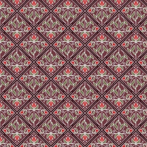 Diamond-Shaped pattern with flowers in shades of dark red / burgundy with red flowers  - small scale