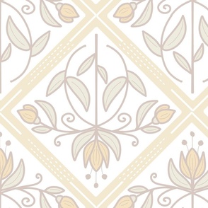 Diamond-Shaped pattern with flowers on off white, neutral, beige  - large scale