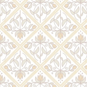 Diamond-Shaped pattern with flowers on off white, neutral, beige  - medium scale