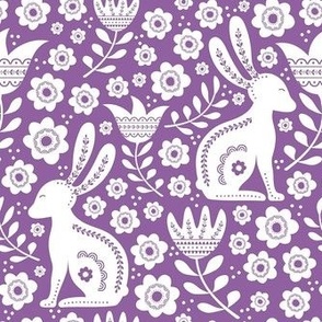 Medium Scale Easter Folk Flowers and Bunny Rabbits Spring Scandi Floral White on Orchid Purple