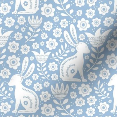 Medium Scale Easter Folk Flowers and Bunny Rabbits Spring Scandi Floral White on Sky Blue