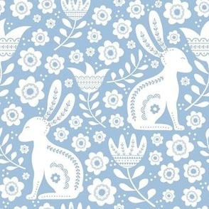 Medium Scale Easter Folk Flowers and Bunny Rabbits Spring Scandi Floral White on Sky Blue