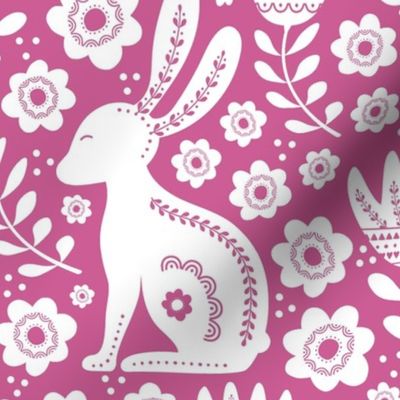 Large Scale Easter Folk Flowers and Bunny Rabbits Spring Scandi Floral White on Peony