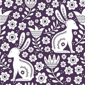 Medium Scale Easter Folk Flowers and Bunny Rabbits Spring Scandi Floral White on Plum