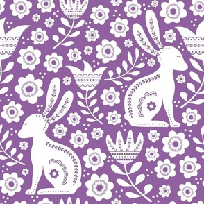 Large Scale Easter Folk Flowers and Bunny Rabbits Spring Scandi Floral White on Orchid Purple