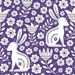 Medium Scale Easter Folk Flowers and Bunny Rabbits Spring Scandi Floral White on Grape Purple