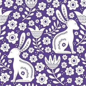 Large Scale Easter Folk Flowers and Bunny Rabbits Spring Scandi Floral White on Grape Purple