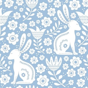 Large Scale Easter Folk Flowers and Bunny Rabbits Spring Scandi Floral White on Sky Blue