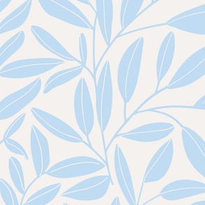 Large scale simple leafy vines and stems - light blue on creamy white 