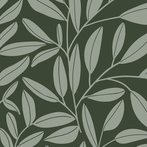 Large scale simple leafy vines and stems - sage on jungle green