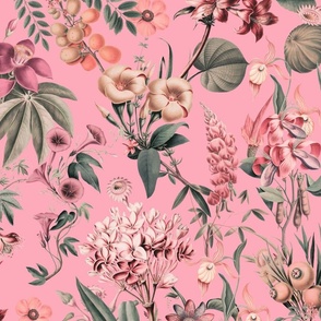 Tropical Jungle Flower And Fruit Garden Pattern Pastel Pink