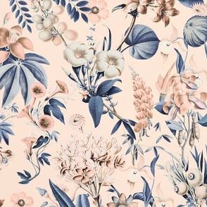 Tropical Jungle Flower And Fruit Garden Pattern In Peach And Blue