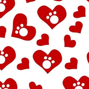 Puppy Paw Love | Large Version | small, cute red hearts, and white paws print
