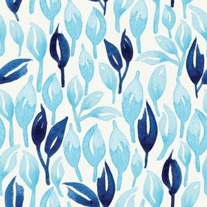 Watercolour Leaves Botanicals Indigo Soft Blue  on Off White 6.00in x 6.00in