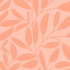 Large scale simple leafy vines and stems - coral on pink