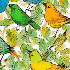 Drawing of blue green and yellow birds