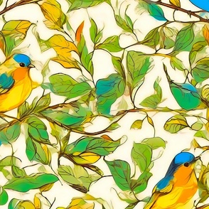 Blue orange cute birds on branches
